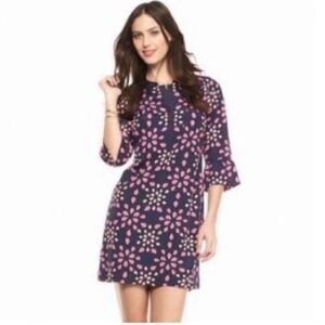 Crown & Ivy Women’s Size 6 Ladybug Print 3/4 Bell Sleeve Shift Dress Navy Blue